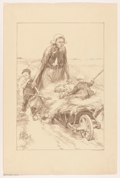 Contadina che spinge una carriola con fieno e due bambini da Pieter de Josselin