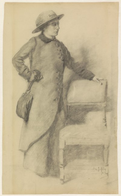 Donna in piedi con cappello e mantello da Pieter de Josselin