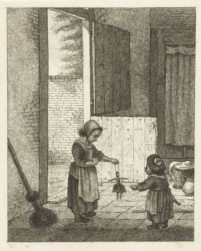 Due ragazze che giocano con una bambola da Pieter de Mare
