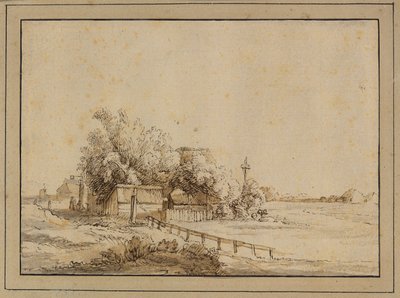 Figure fuori da una locanda, edifici agricoli e il palo di una colombaia, fuori Amsterdam da Pieter de With
