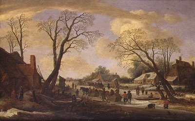 Paesaggio fluviale invernale con contadini e slitte trainate da cavalli da Pieter the Elder Molyn