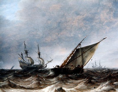 Smalschip e nave da guerra in mari agitati da Pieter the Elder Mulier
