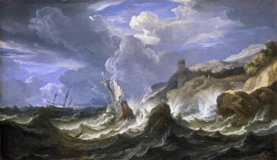 Naufragio in una tempesta vicino a una costa rocciosa (metà del XVII secolo) da Pieter the Younger (1637 1701) Mulier