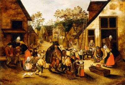Un suonatore di ghironda cieco circondato da bambini in un villaggio, c.1610 da Pieter Brueghel the Younger
