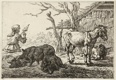 Suini e asini in una stalla, a sinistra una donna filatrice da Pieter van Laer
