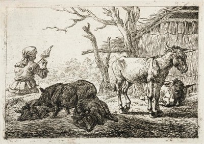 Suini e asini in una stalla, a sinistra una donna filatrice da Pieter van Laer