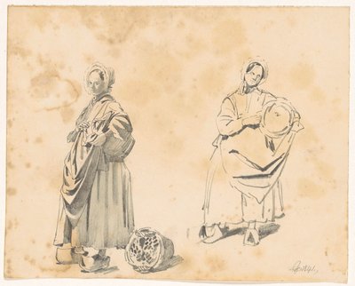 Due studi di una donna in piedi con un cesto da Pieter van Loon