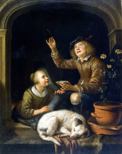 La bolla di sapone. Dipinto di Pieter Cornelis van Slingelandt (1625 - 1691). Milano Museo del Castello. da Pieter van Slingelandt