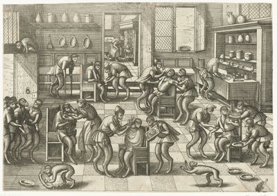 Negozio di barbieri e chirurghi (serie: Gioco delle scimmie) da Pieter van der Borcht (I)