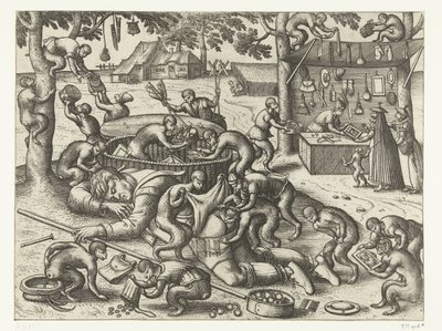 Venditore ambulante addormentato derubato da scimmie (serie: Gioco delle scimmie) da Pieter van der Borcht (I)