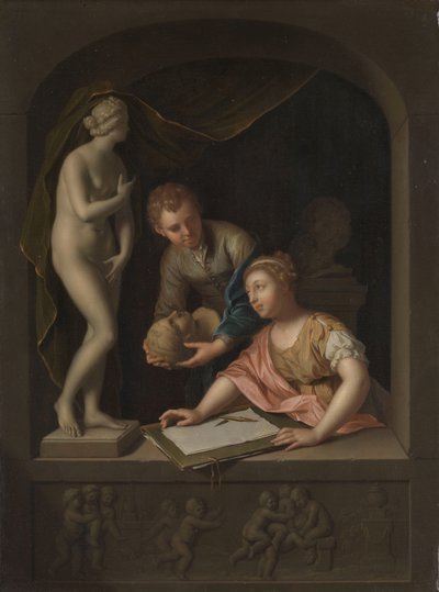 Una ragazza che disegna e un ragazzo vicino a una statua di Venere da Pieter van der Werff
