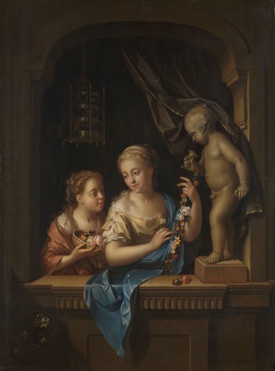 Due ragazze con fiori vicino a una statua di Cupido da Pieter van der Werff