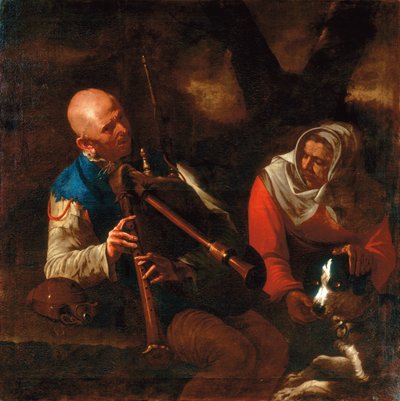 Un contadino che suona una cornamusa e una vecchia che ascolta con un cane da Pietro (circle of) Paolini