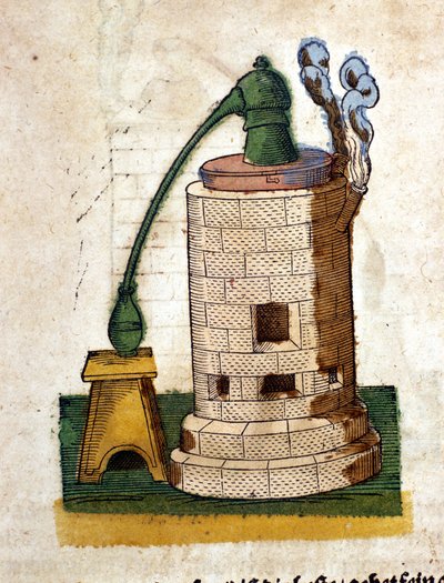 Alchimia: Apparato per la distillazione. Incisione da un libro di Pietro Andrea Mattioli (Matthiole) (1500-1577). Francoforte da Pietro Andrea Mattioli