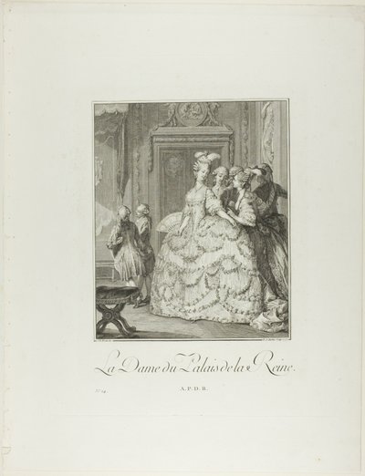 La dama di compagnia della regina, da Monument du Costume Physique et Moral de la fin du Dix-huitième siècle da Pietro Antonio Martini