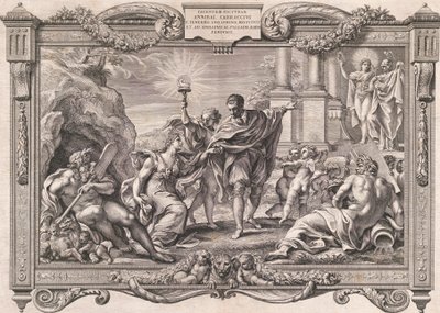 Annibale Carracci introduce la pittura ad Apollo e Minerva, 1674 da Pietro Aquila