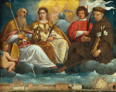 San Prosdocimo, Giustina, Daniele e Antonio di Padova in gloria con vista del Prato della Valle, Padova da Pietro Damini