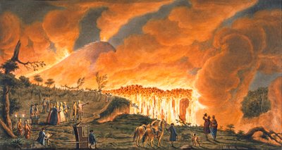 Veduta di Hamilton che scorta le loro maestà siciliane per osservare il flusso di lava da Pietro Fabris