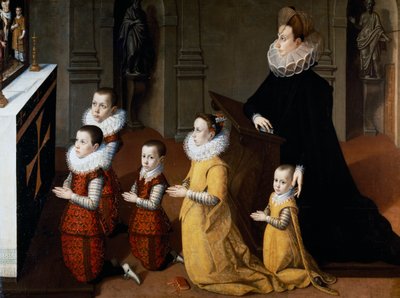 Ritratto di Chiara Albini Petrozzani con i loro figli in preghiera da Pietro Facchetti