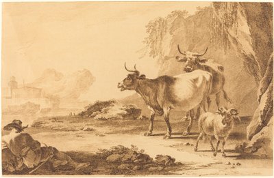 Paesaggio con bestiame, una capra e un pastore a riposo da Pietro Giacomo Palmieri