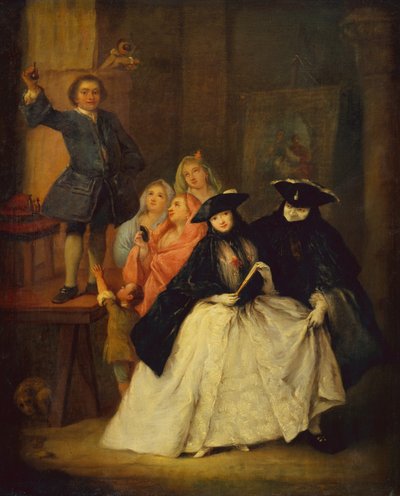 Un ciarlatano su una piattaforma con figure mascherate in primo piano da Pietro Longhi