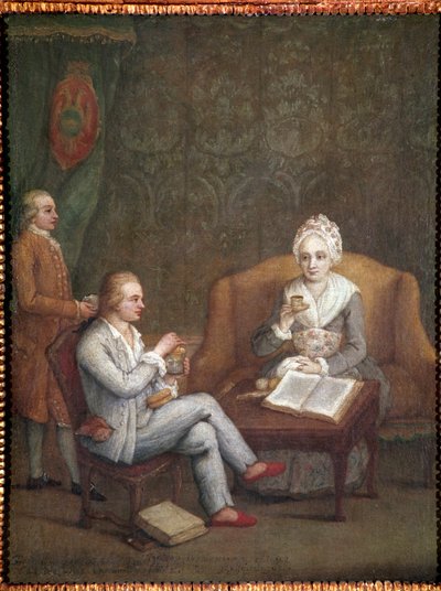 Ritratto di Adriana Giustinian con suo figlio Gerolamo Ascanio che prende cioccolata calda. Dipinto di Pietro Longhi (1702-1785) circa 1779. Venezia, Ca