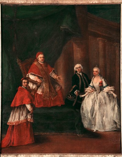 Rappresentazione di Papa Clemente XIII con il nipote Ludovico Rezzonico e la moglie Faustina Savorgnan da Pietro Longhi
