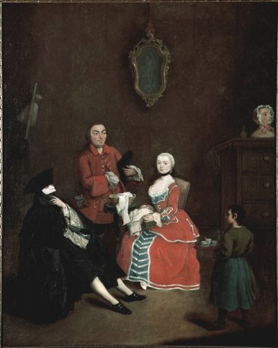 La visita in maschera Bauta (bautta) personaggio vestito con il costume veneziano composto dal mantello nero, il cappello tricorno nero e la maschera bianca - (Visita in maschera Bauta) Dipinto di Pietro Longhi (1702-1785) circa 1760. Dim 62x50 cm Venezia, da Pietro Longhi