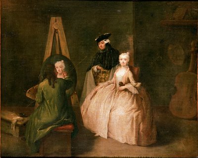 Lo studio del pittore Il pittore davanti al suo cavalletto ritrae una giovane donna. Dipinto di Pietro Longhi (1702-1785) 1740-1745 da Pietro Longhi