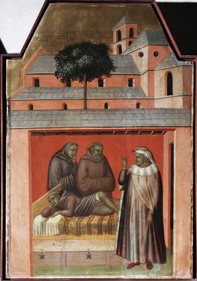 Il santo porta mattoni per costruire un nuovo convento a Firenze (dettaglio del polittico vita di Santa Umiltà) da Pietro Lorenzetti