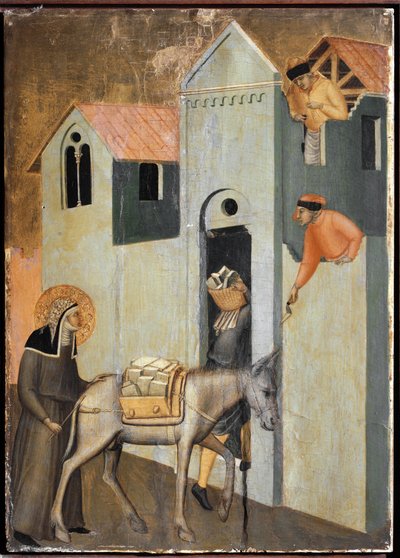 Il santo porta mattoni per costruire un nuovo convento a Firenze (dettaglio del polittico vita di Santa Umiltà) da Pietro Lorenzetti