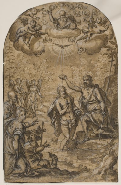 Il battesimo di Cristo con Dio Padre e angeli tra le nuvole da Pietro Mera
