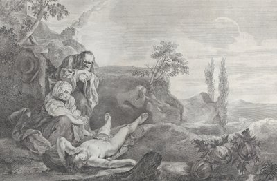 Adamo ed Eva a sinistra, come coppia anziana, in lutto sul cadavere di Abele che giace, 1743-63 da Pietro Monaco