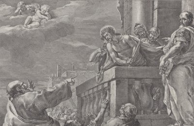 Cristo su un balcone circondato da guardie, Pilato sta a destra e gesticola, ca. 1730-39 da Pietro Monaco
