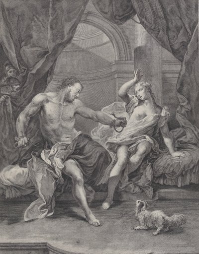 Sansone e Dalila seduti su un letto, Sansone che strappa le corde che legano la sua mano..., ca. 1730-39 da Pietro Monaco