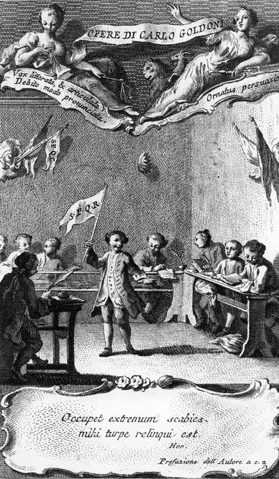 Carlo Goldoni sventola una bandiera in celebrazione del suo anno alla scuola dei Gesuiti a Perugia, da 