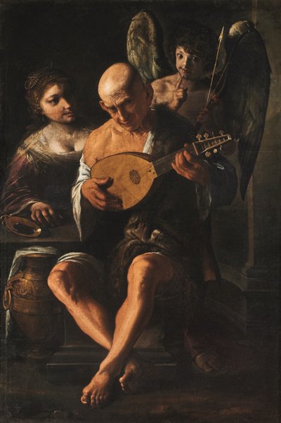 Un uomo anziano che suona la chitarra con una donna e un putto presenti da Pietro Paolini