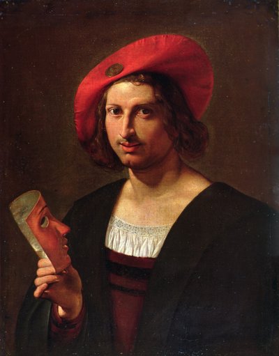 Ritratto di un giovane uomo con un cappello con distintivo, che tiene una maschera da Pietro Paolini