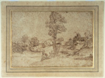 Paesaggio con lago e edifici, madre e figlio seduti sotto un albero da Pietro Paolo (attr. to) Bonzi