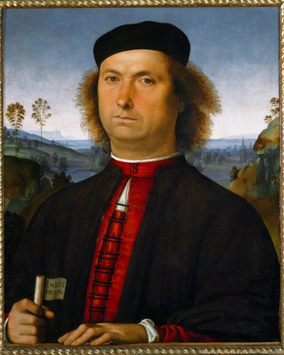 Ritratto di Francesco delle Operere. Tiene in mano una pergamena con la scritta 