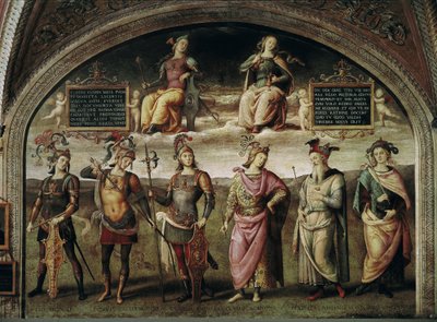 Forza e temperanza con sei antichi eroi. A sinistra autoritratto dell