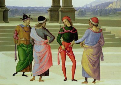 Il matrimonio della Vergine, (dettaglio di quattro uomini in conversazione) da Pietro Perugino