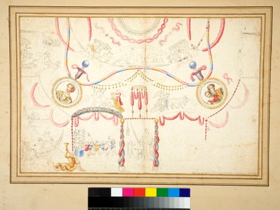 Un disegno per un soffitto con marito e moglie (busti) nel cerchio centrale da Pietro Santi Bartoli