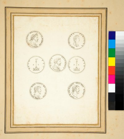 Monete che mostrano la colonna di Antonino Pio da Pietro Santi Bartoli