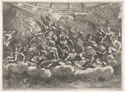 Riunione di vari dei olimpici e figure mitologiche tra le nuvole, Apollo al centro da Pietro Santi Bartoli
