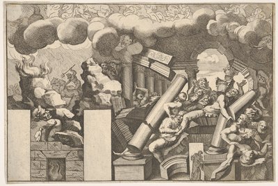 Giganti schiacciati da rocce e colonne cadenti del tempio, nuvole di fumo sopra da Pietro Santi Bartoli