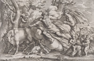 Io a sinistra come una mucca, Giove su una nuvola al centro e Giunone a destra da Pietro Santi Bartoli