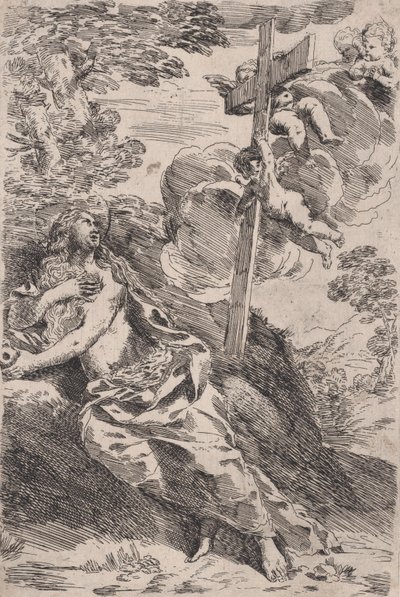 Maria Maddalena nel deserto, una croce portata da angeli a destra da Pietro Testa