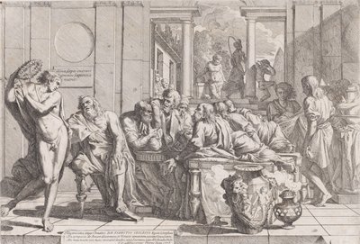 Simposio di Platone: Socrate e i suoi compagni seduti attorno a un tavolo discutendo sull