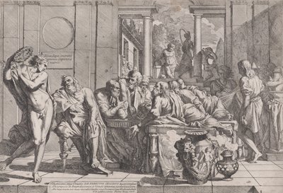 Simposio di Platone: Socrate e i suoi compagni seduti attorno a un tavolo discutendo dell